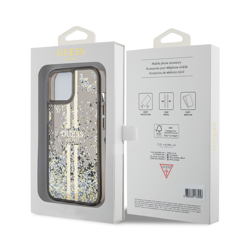 Coque iPhone 15 - Guess gel rigide paillettes liquides or et argent avec logo doré - Noir