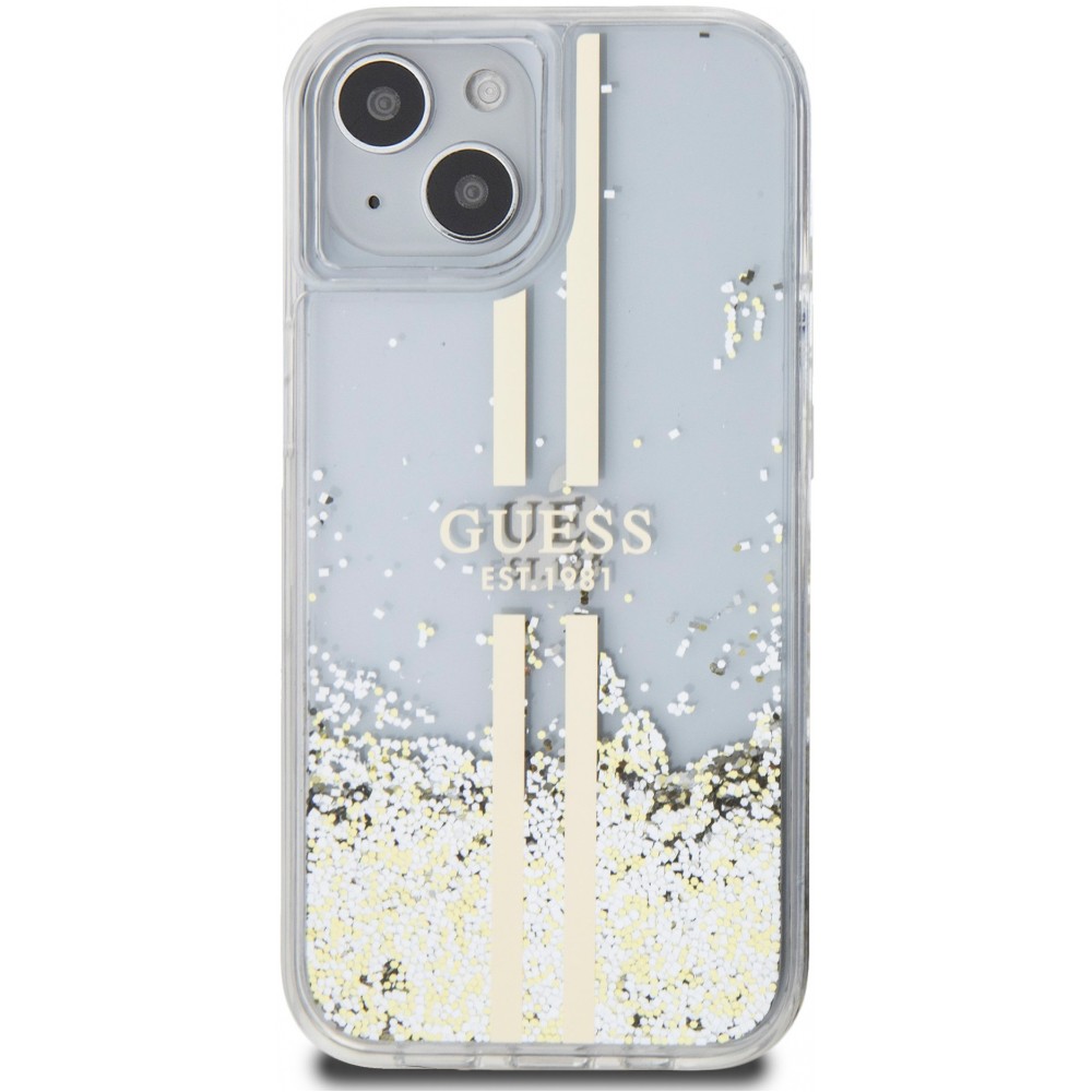 Coque iPhone 15 - Guess gel rigide paillettes liquides or et argent avec logo doré - Transparent