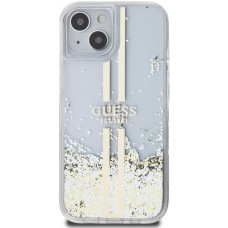 Coque iPhone 15 - Guess gel rigide paillettes liquides or et argent avec logo doré - Transparent