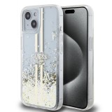 Coque iPhone 15 - Guess gel rigide paillettes liquides or et argent avec logo doré - Transparent