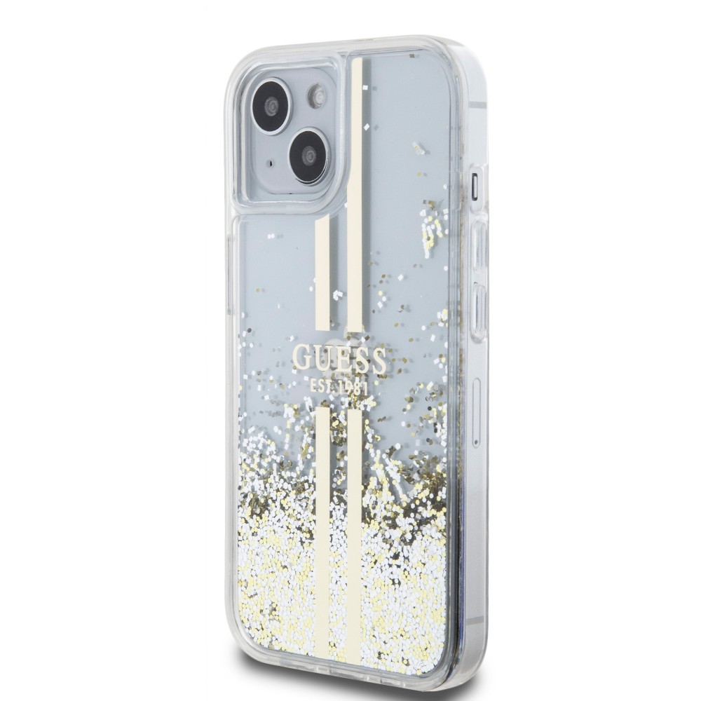 Coque iPhone 15 - Guess gel rigide paillettes liquides or et argent avec logo doré - Transparent