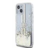 Coque iPhone 15 - Guess gel rigide paillettes liquides or et argent avec logo doré - Transparent
