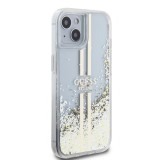 Coque iPhone 15 - Guess gel rigide paillettes liquides or et argent avec logo doré - Transparent