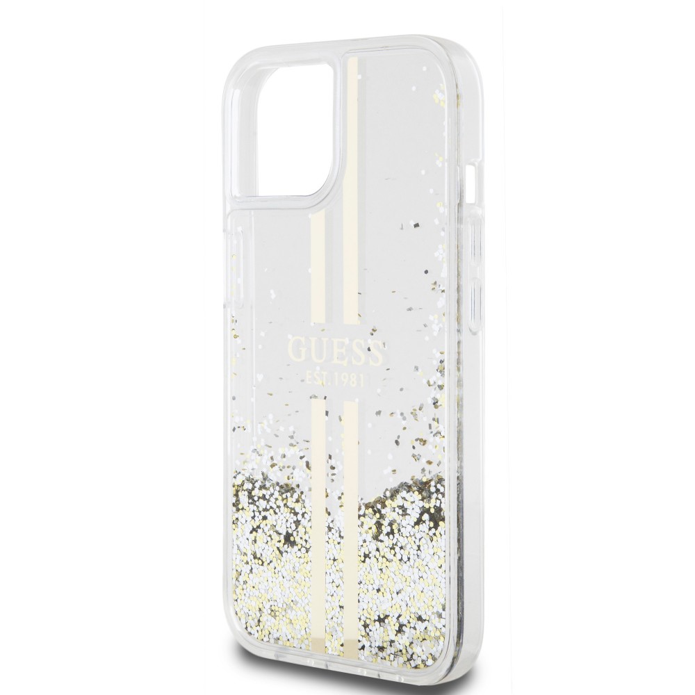 Coque iPhone 15 - Guess gel rigide paillettes liquides or et argent avec logo doré - Transparent