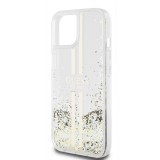 Coque iPhone 15 - Guess gel rigide paillettes liquides or et argent avec logo doré - Transparent