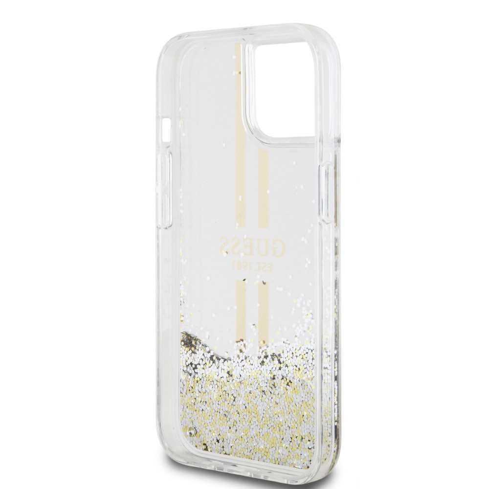 Coque iPhone 15 - Guess gel rigide paillettes liquides or et argent avec logo doré - Transparent