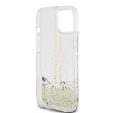 Coque iPhone 15 - Guess gel rigide paillettes liquides or et argent avec logo doré - Transparent
