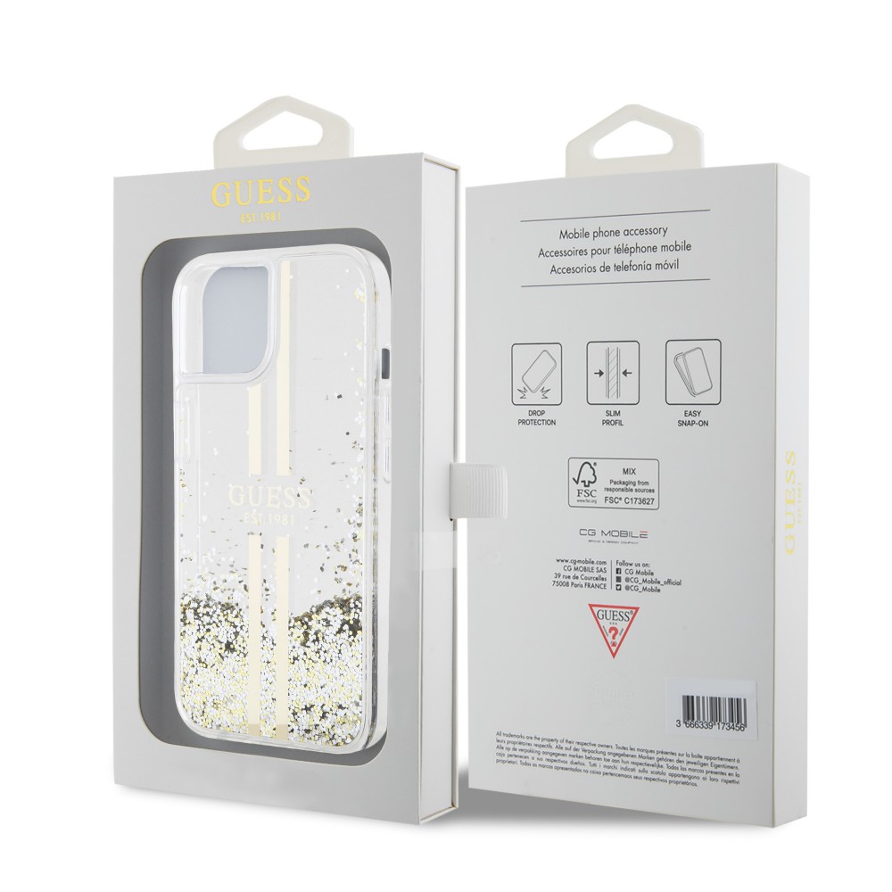 Coque iPhone 15 - Guess gel rigide paillettes liquides or et argent avec logo doré - Transparent