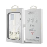 Coque iPhone 15 - Guess gel rigide paillettes liquides or et argent avec logo doré - Transparent