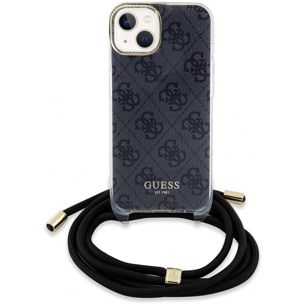 Coque iPhone 15 - Guess monogramme laqué avec lanière ajustable intégrée - Gris