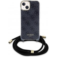 Coque iPhone 15 - Guess monogramme laqué avec lanière ajustable intégrée - Gris