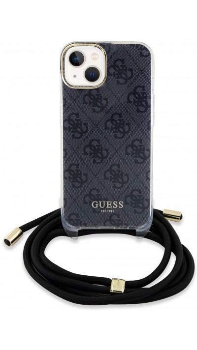 Coque iPhone 15 - Guess monogramme laqué avec lanière ajustable intégrée - Gris