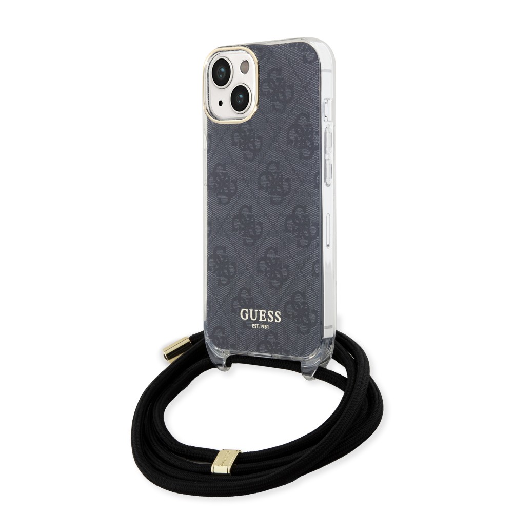 Coque iPhone 15 - Guess monogramme laqué avec lanière ajustable intégrée - Gris