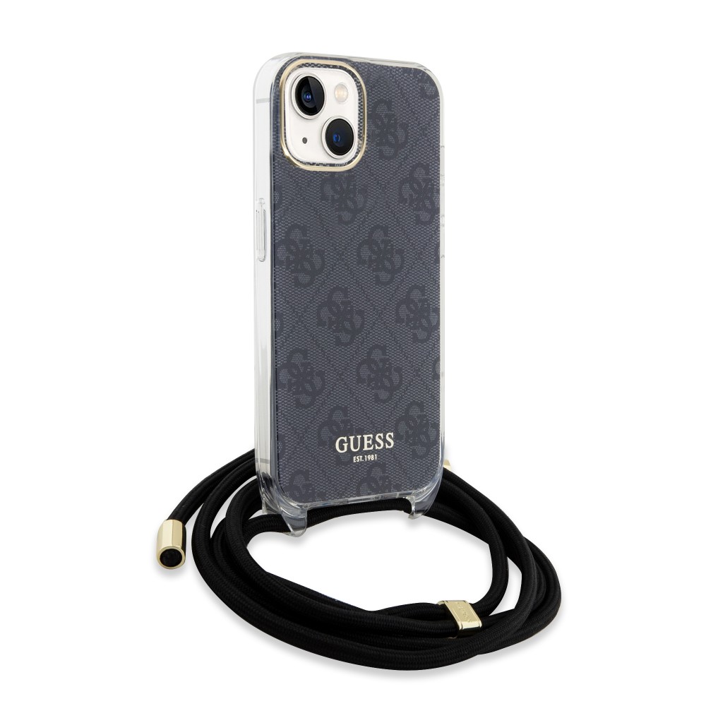Coque iPhone 15 - Guess monogramme laqué avec lanière ajustable intégrée - Gris