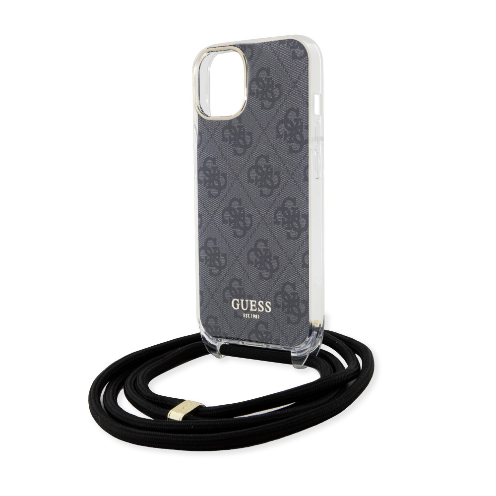 Coque iPhone 15 - Guess monogramme laqué avec lanière ajustable intégrée - Gris