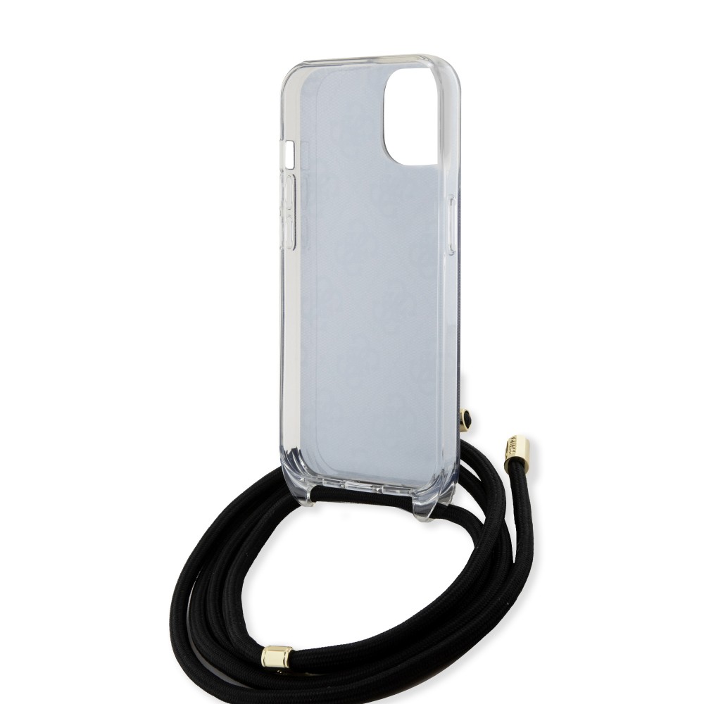 Coque iPhone 15 - Guess monogramme laqué avec lanière ajustable intégrée - Gris