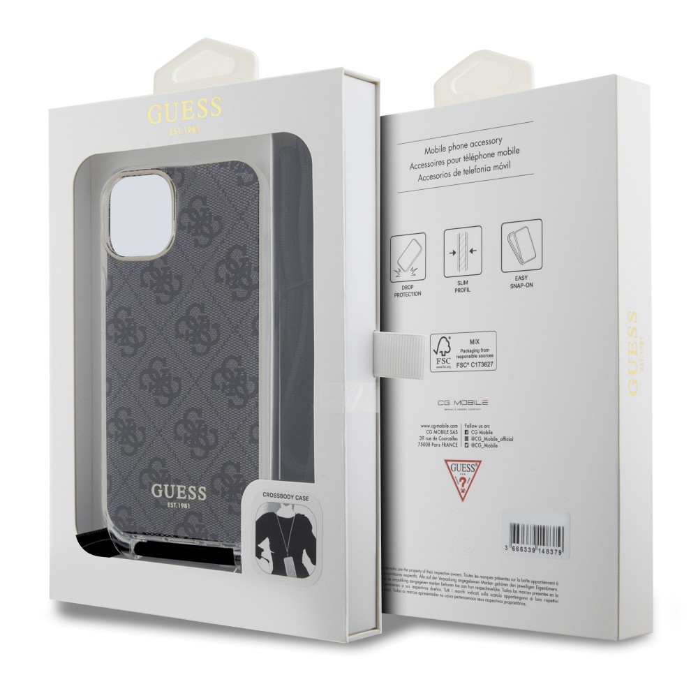 Coque iPhone 15 - Guess monogramme laqué avec lanière ajustable intégrée - Gris