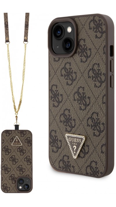 Coque iPhone 15 - Guess monogramme similicuir logo métal et strass avec lanière amovible - Brun