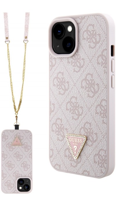 Coque iPhone 15 - Guess monogramme similicuir logo métal et strass avec lanière amovible - Rose clair