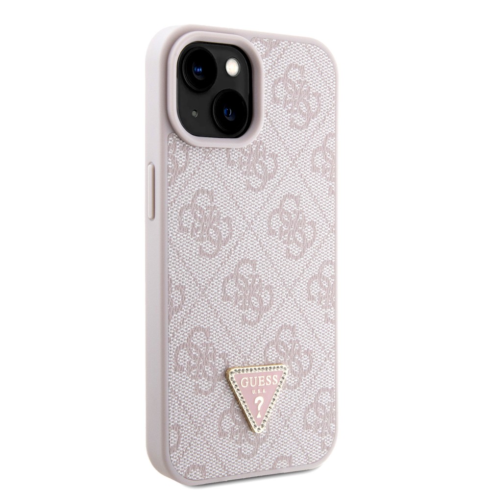 Coque iPhone 15 - Guess monogramme similicuir logo métal et strass avec lanière amovible - Rose clair