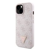Coque iPhone 15 - Guess monogramme similicuir logo métal et strass avec lanière amovible - Rose clair