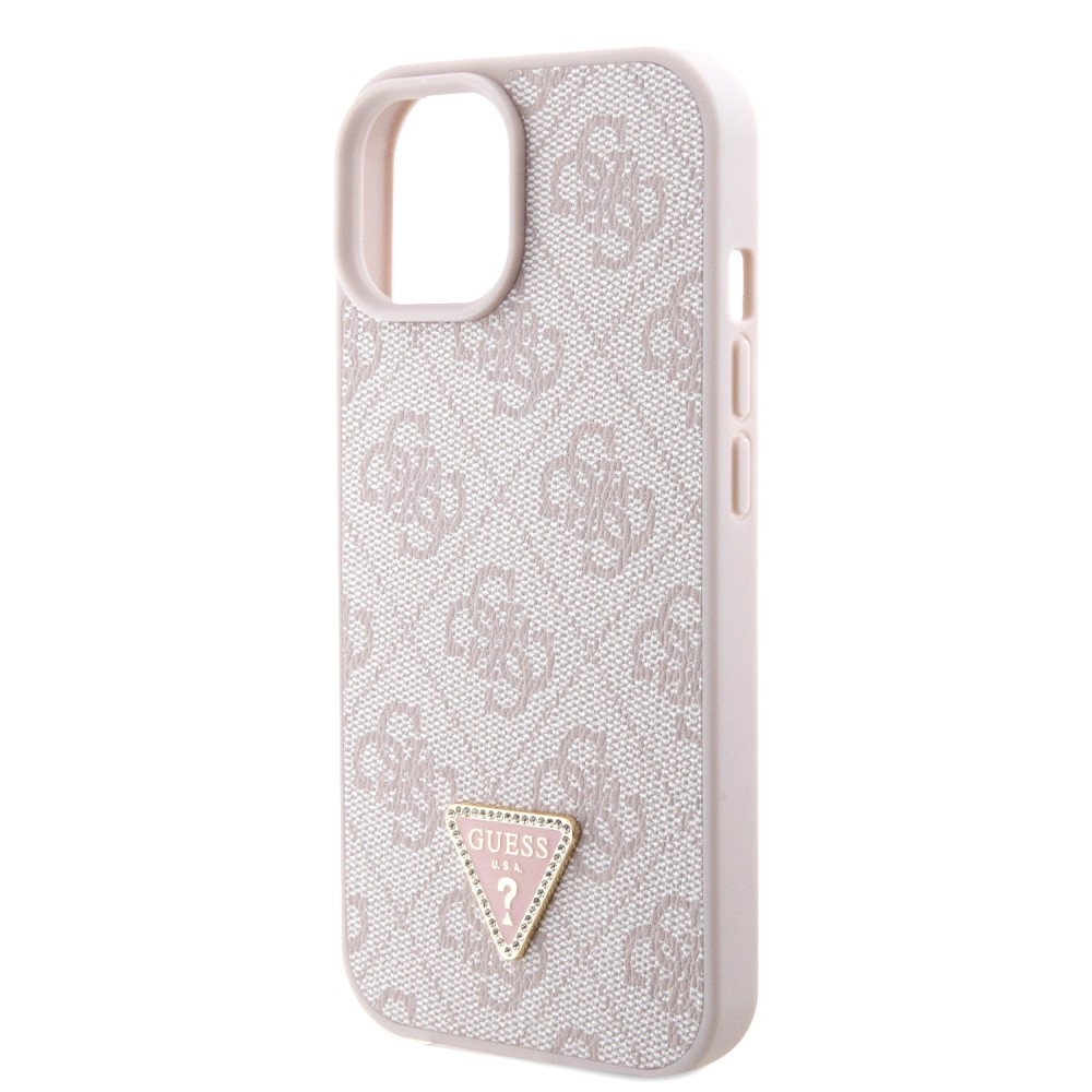 Coque iPhone 15 - Guess monogramme similicuir logo métal et strass avec lanière amovible - Rose clair