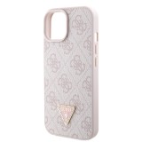 Coque iPhone 15 - Guess monogramme similicuir logo métal et strass avec lanière amovible - Rose clair