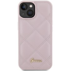 Coque iPhone 15 - Guess similicuir molletonné en carreaux et logo doré métallique en relief - Rose clair