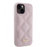 Coque iPhone 15 - Guess similicuir molletonné en carreaux et logo doré métallique en relief - Rose clair