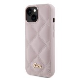 Coque iPhone 15 - Guess similicuir molletonné en carreaux et logo doré métallique en relief - Rose clair