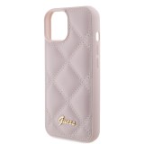 Coque iPhone 15 - Guess similicuir molletonné en carreaux et logo doré métallique en relief - Rose clair