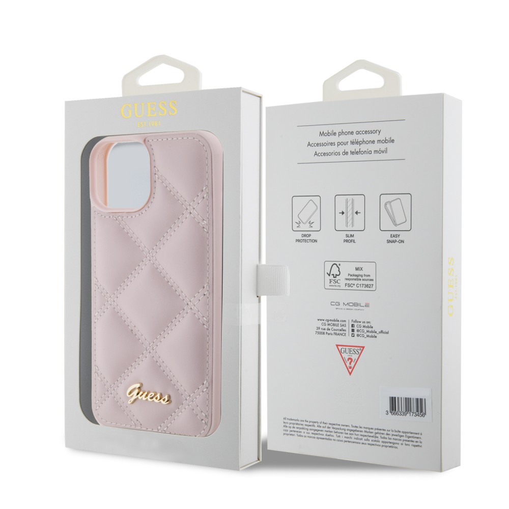 Coque iPhone 15 - Guess similicuir molletonné en carreaux et logo doré métallique en relief - Rose clair