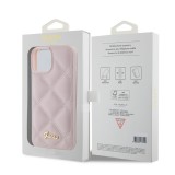 Coque iPhone 15 - Guess similicuir molletonné en carreaux et logo doré métallique en relief - Rose clair