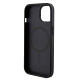 Coque iPhone 15 - Guess similicuir saffiano logo métallique doré et MagSafe - Noir