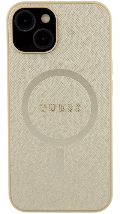 Coque iPhone 15 - Guess similicuir saffiano logo métallique doré et MagSafe - Or