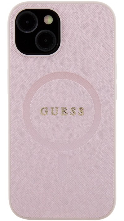 Coque iPhone 15 - Guess similicuir saffiano logo métallique doré et MagSafe - Rose