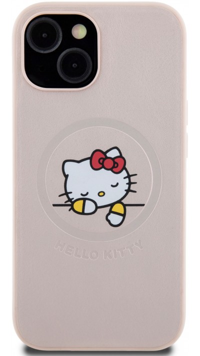 Coque iPhone 15 - Hello Kitty rêveur en similicuir avec MagSafe - Rose clair