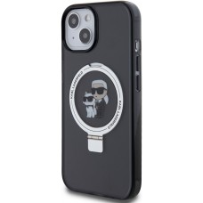 Coque iPhone 15 - Karl Lagerfeld et Choupette gel laqué avec anneau métallique de support amovible intégré et Magsafe - Gris