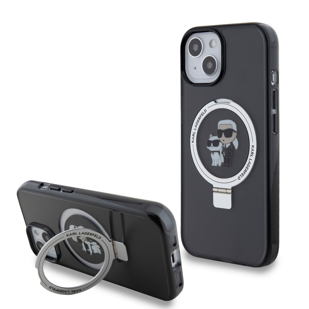 Coque iPhone 15 - Karl Lagerfeld et Choupette gel laqué avec anneau métallique de support amovible intégré et Magsafe - Gris