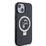 Coque iPhone 15 - Karl Lagerfeld et Choupette gel laqué avec anneau métallique de support amovible intégré et Magsafe - Gris