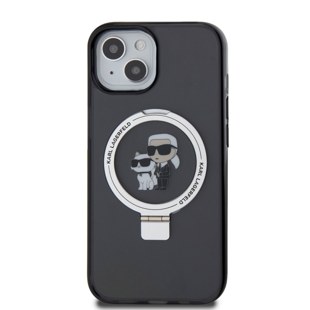 Coque iPhone 15 - Karl Lagerfeld et Choupette gel laqué avec anneau métallique de support amovible intégré et Magsafe - Gris