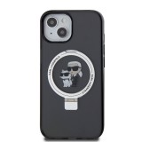 Coque iPhone 15 - Karl Lagerfeld et Choupette gel laqué avec anneau métallique de support amovible intégré et Magsafe - Gris