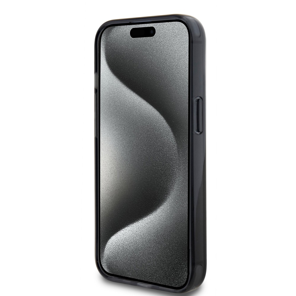 Coque iPhone 15 - Karl Lagerfeld et Choupette gel laqué avec anneau métallique de support amovible intégré et Magsafe - Gris