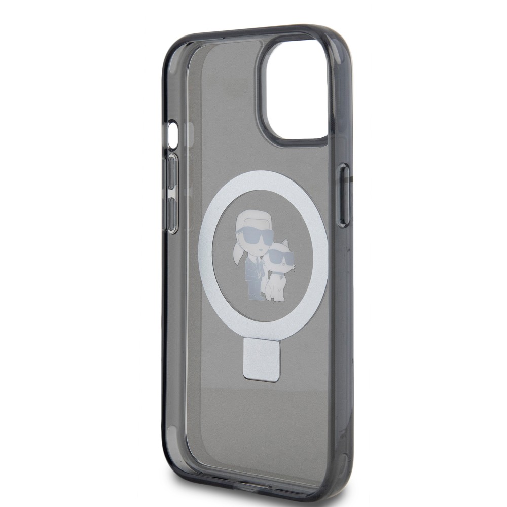 Coque iPhone 15 - Karl Lagerfeld et Choupette gel laqué avec anneau métallique de support amovible intégré et Magsafe - Gris