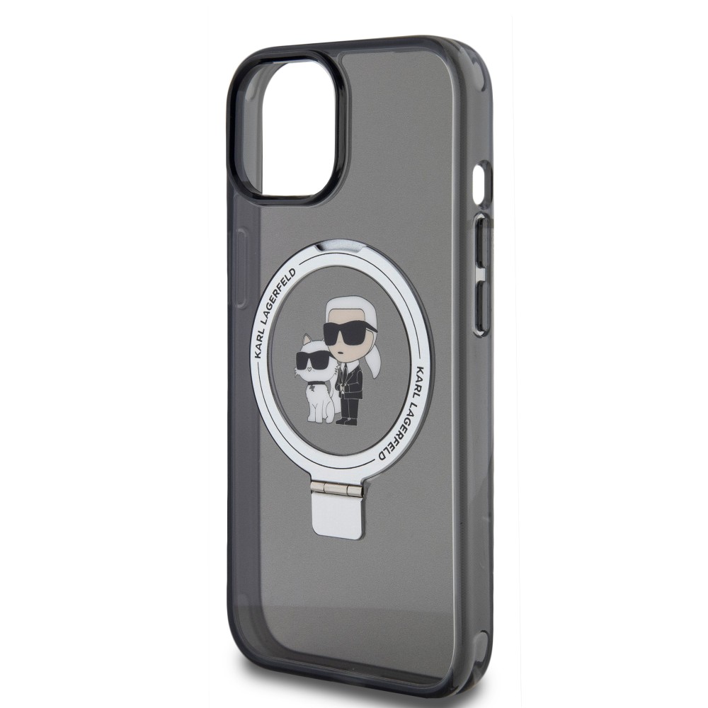 Coque iPhone 15 - Karl Lagerfeld et Choupette gel laqué avec anneau métallique de support amovible intégré et Magsafe - Gris