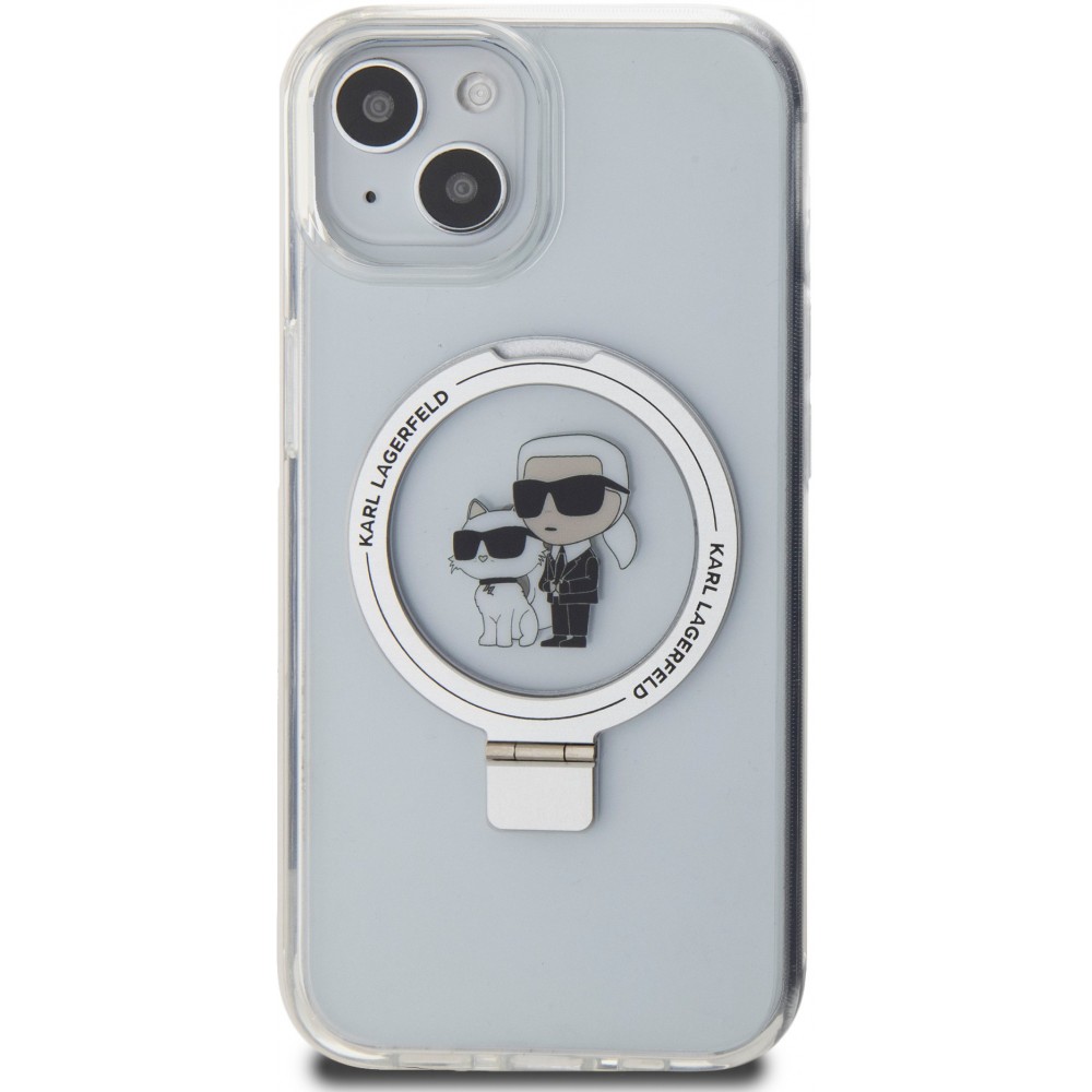 Coque iPhone 15 - Karl Lagerfeld et Choupette gel laqué avec anneau métallique de support amovible intégré et Magsafe - Transparent