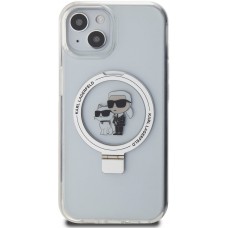 Coque iPhone 15 - Karl Lagerfeld et Choupette gel laqué avec anneau métallique de support amovible intégré et Magsafe - Transparent