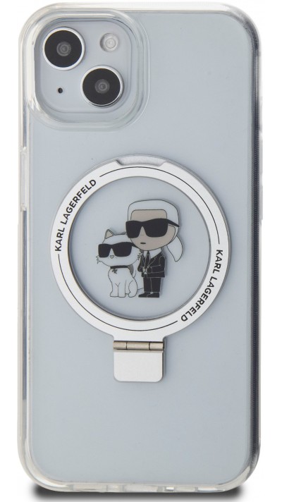 Coque iPhone 14 - Karl Lagerfeld et Choupette gel laqué avec anneau métallique de support amovible intégré et Magsafe - Transparent