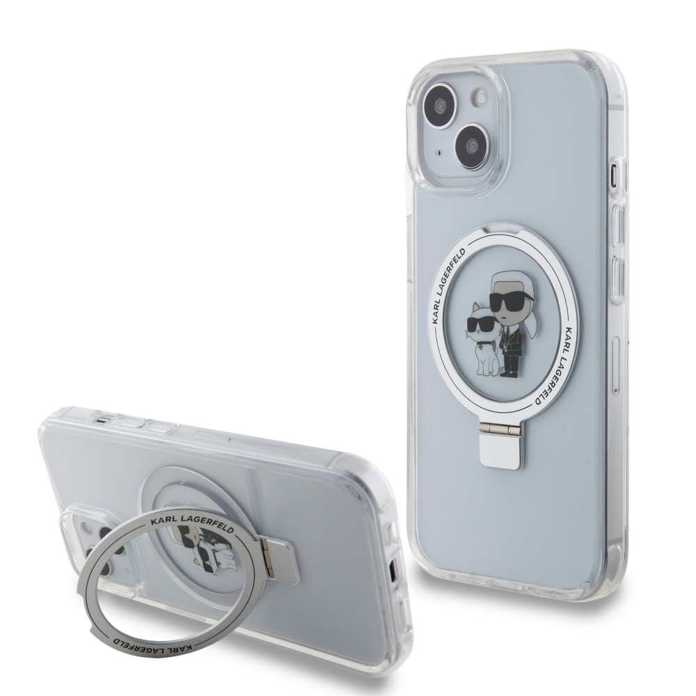 Coque iPhone 15 - Karl Lagerfeld et Choupette gel laqué avec anneau métallique de support amovible intégré et Magsafe - Transparent