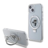 Coque iPhone 15 - Karl Lagerfeld et Choupette gel laqué avec anneau métallique de support amovible intégré et Magsafe - Transparent